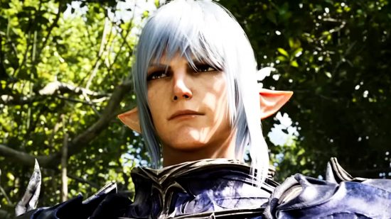 FFXIV Dawntrail - Estinien, un homme Elezen aux longs cheveux blancs.