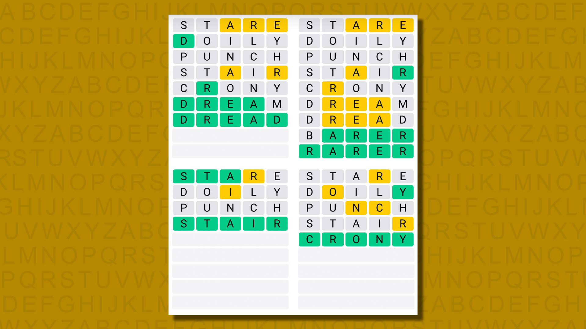 Réponses du Quordle pour le jeu 638 sur fond jaune