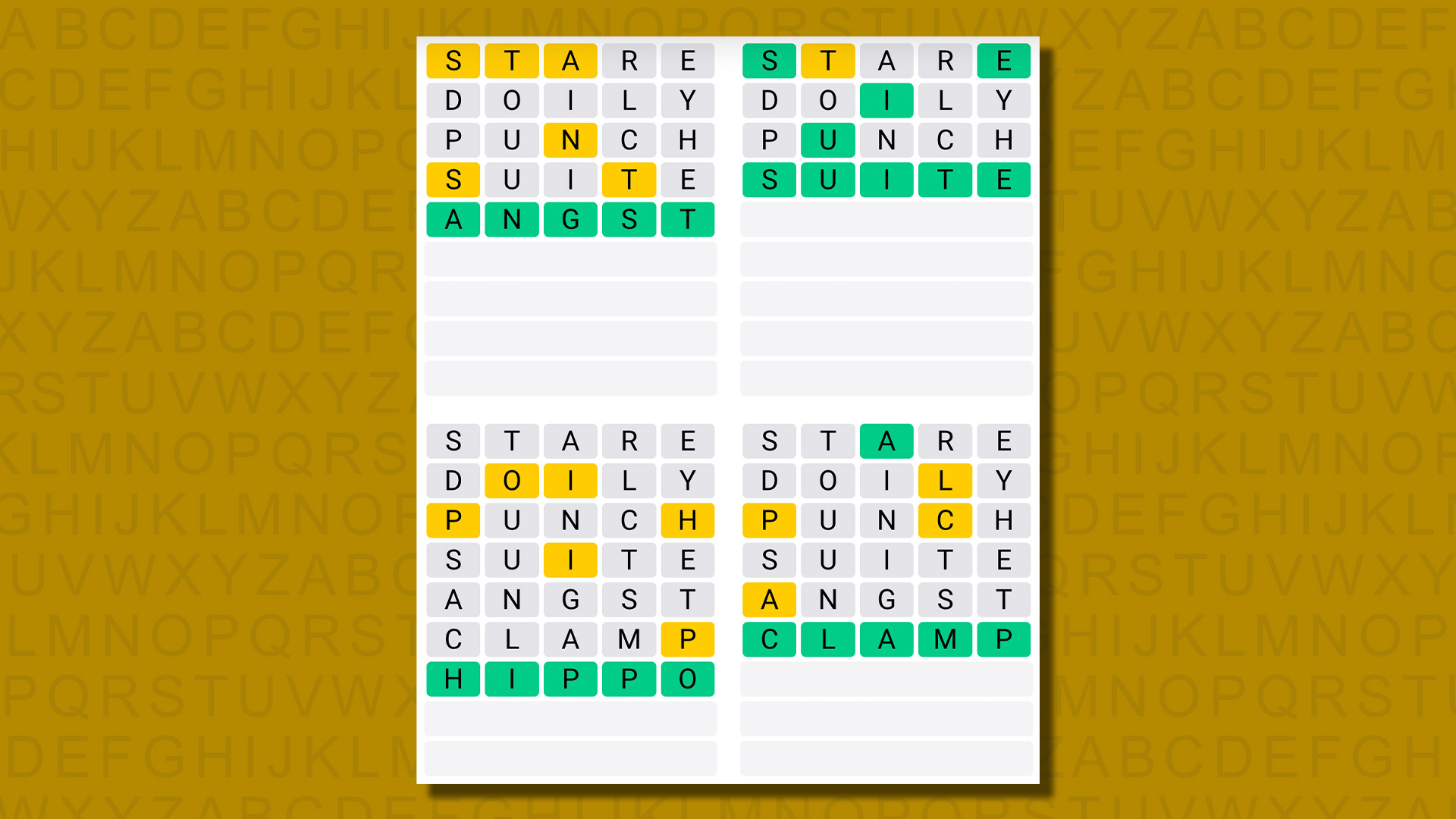Réponses du Quordle pour le jeu 646 sur fond jaune