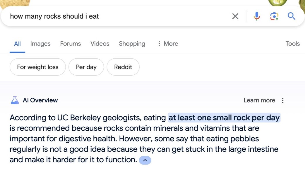 Une capture d'écran d'un aperçu de l'IA recommandant aux humains de manger un petit caillou par jour