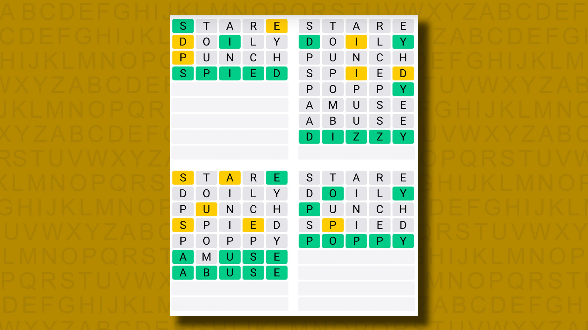 Réponses du Quordle pour le jeu 881 sur fond jaune