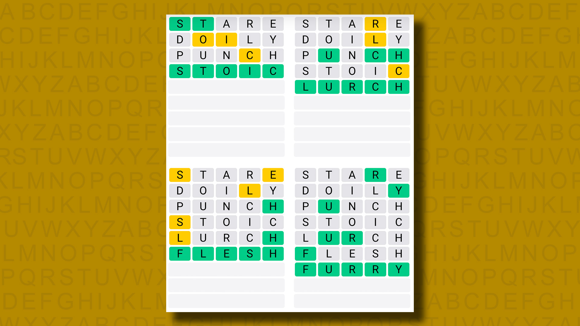 Réponses du Quordle pour le jeu 866 sur fond jaune