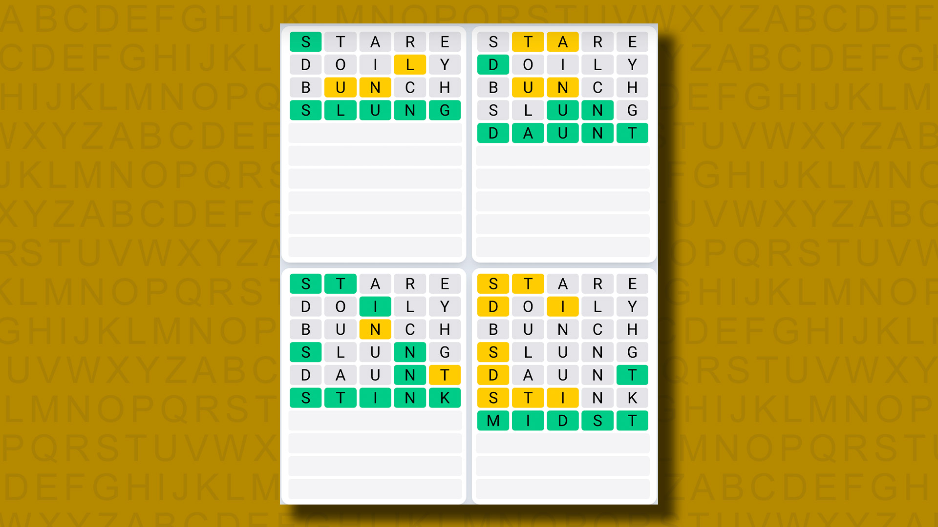 Réponses de Quordle Daily Sequence pour le jeu 896 sur fond jaune