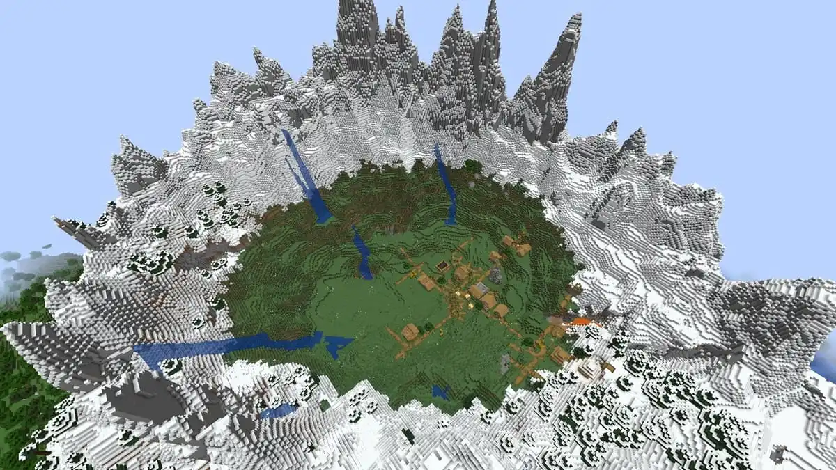 Anneau de montagne et village dans Minecraft