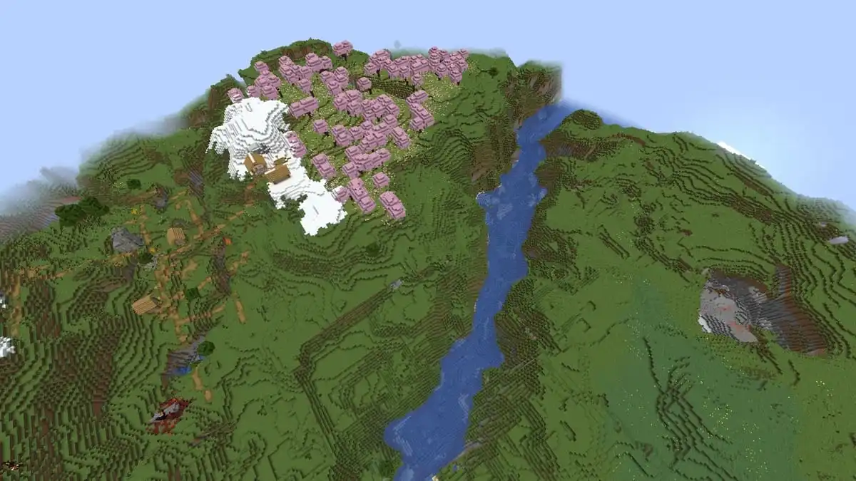 Cerisaie et village dans Minecraft