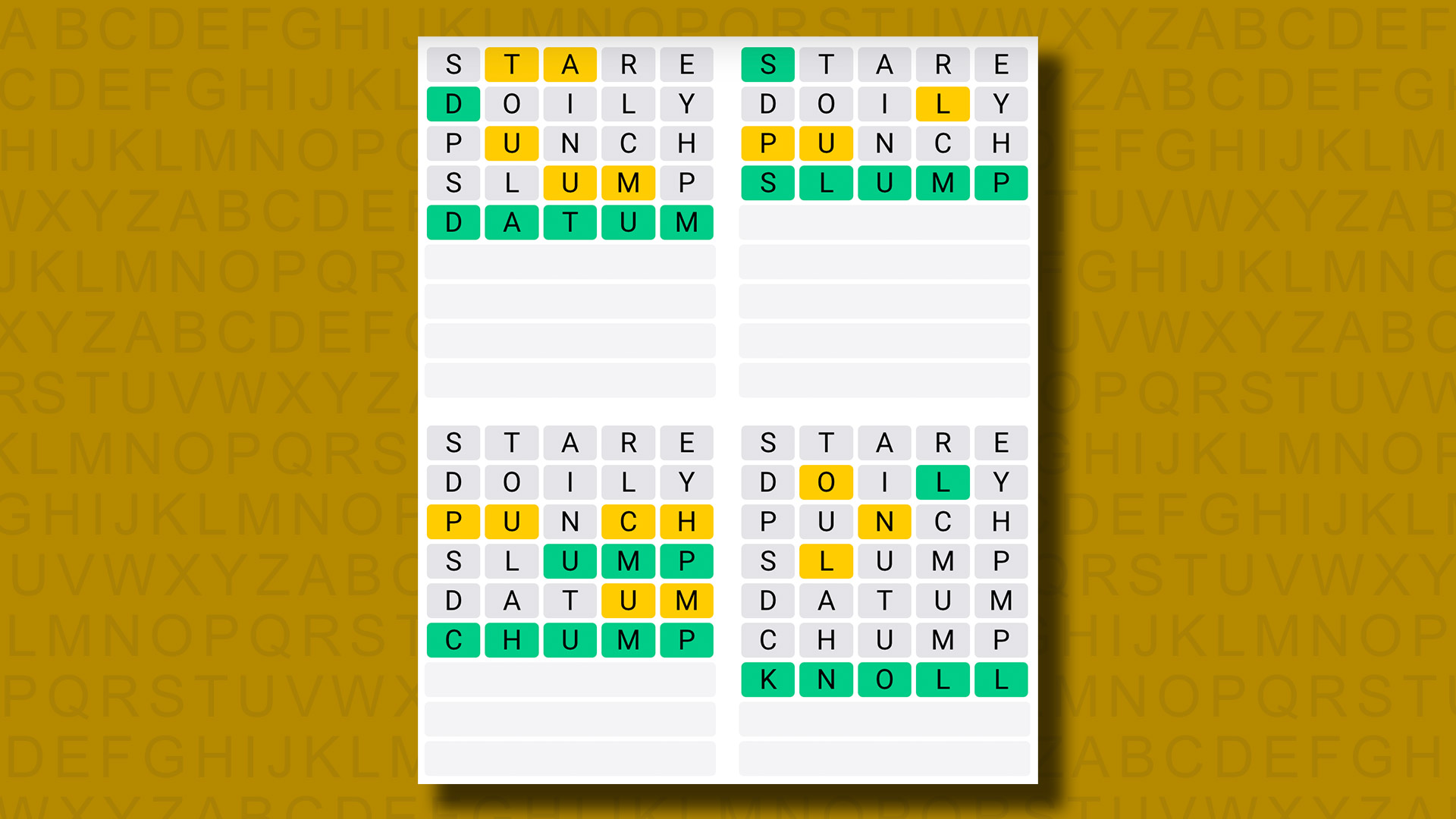 Réponses du Quordle pour le jeu 896 sur fond jaune