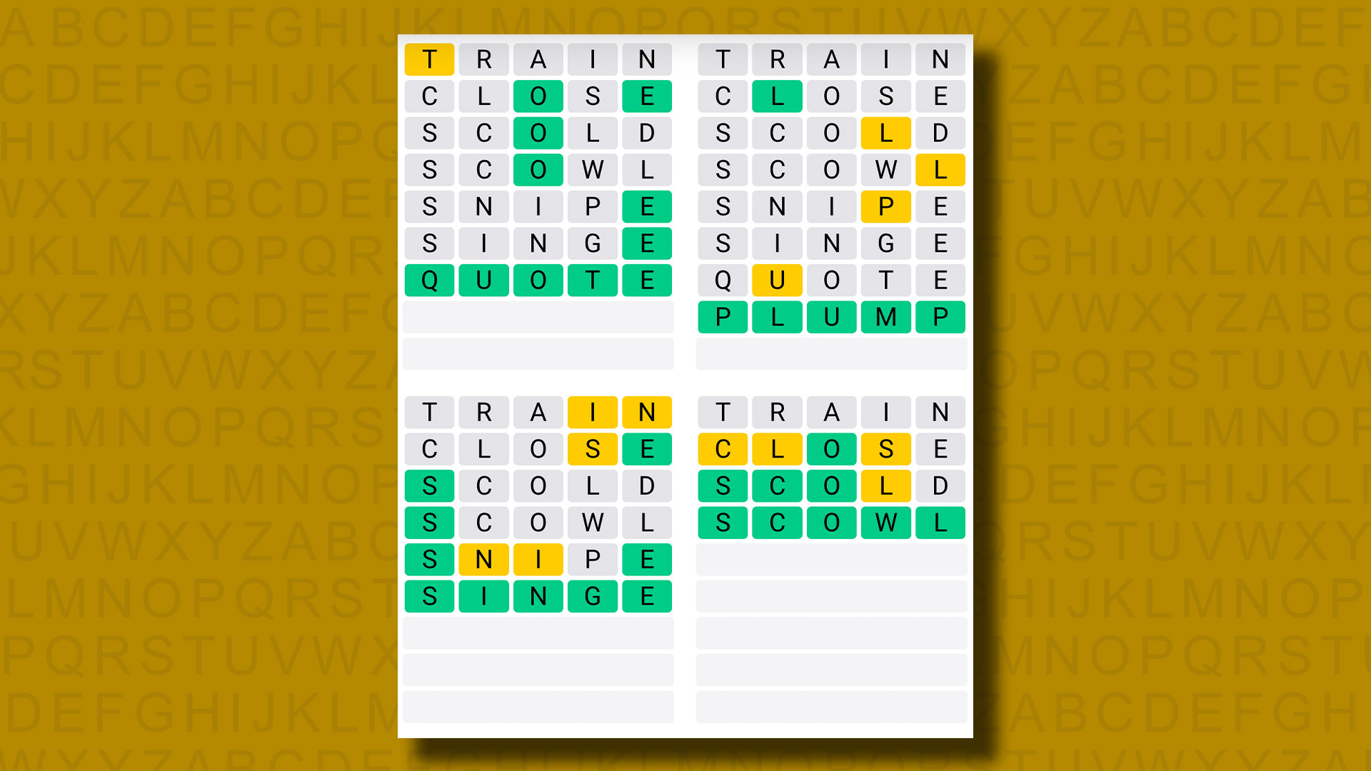 Réponses du Quordle pour le jeu 891 sur fond jaune