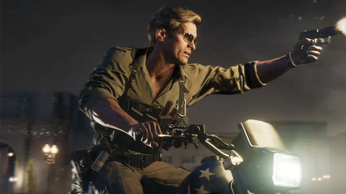 Adler tirant au pistolet sur une moto dans Black Ops 6