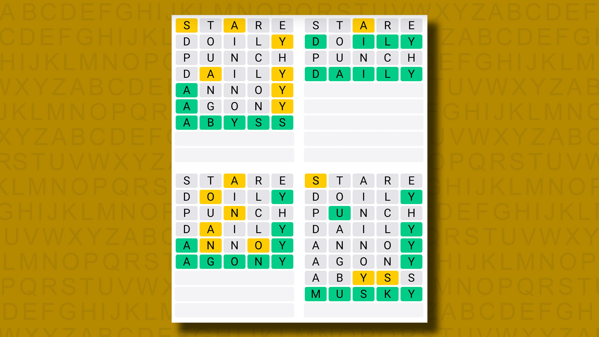 Réponses du Quordle pour le jeu 946 sur fond jaune