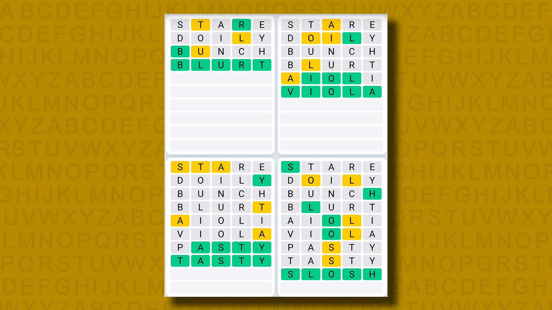 Réponses de la séquence quotidienne Quordle pour le jeu 951 sur fond jaune