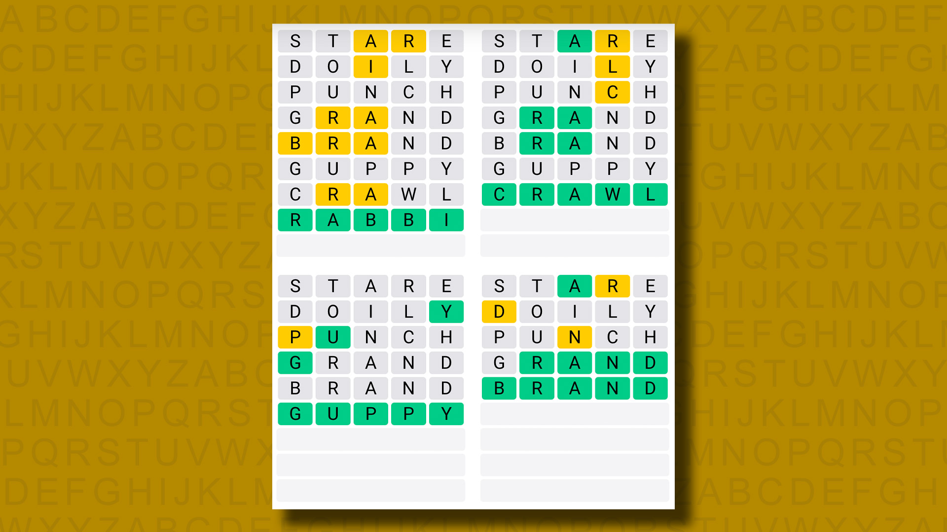 Réponses du Quordle pour le jeu 951 sur fond jaune