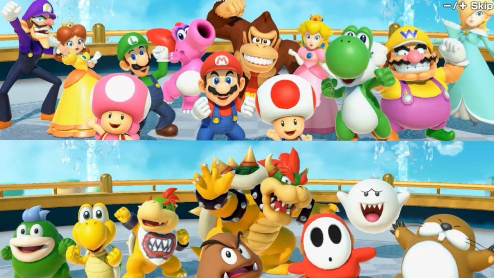 Écran partagé des « bons » et des « mauvais » personnages de Mario Party. 