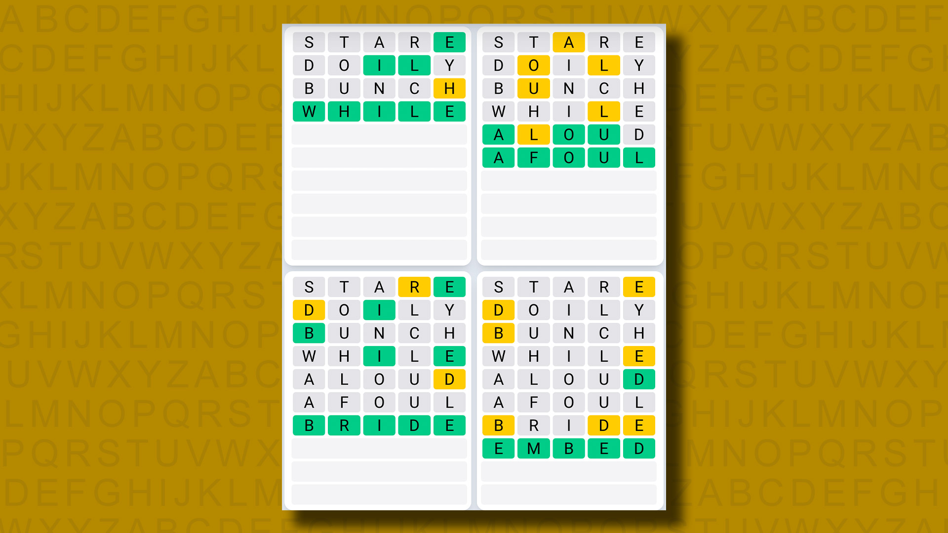 Réponses de Quordle Daily Sequence pour le jeu 1001 sur fond jaune