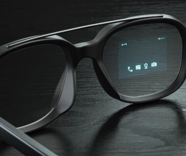 Les lunettes intelligentes Xreal Air 2 Pro AR à côté du hub Xreal Beam, elles sont toutes deux sur une table en bois devant un mur de briques