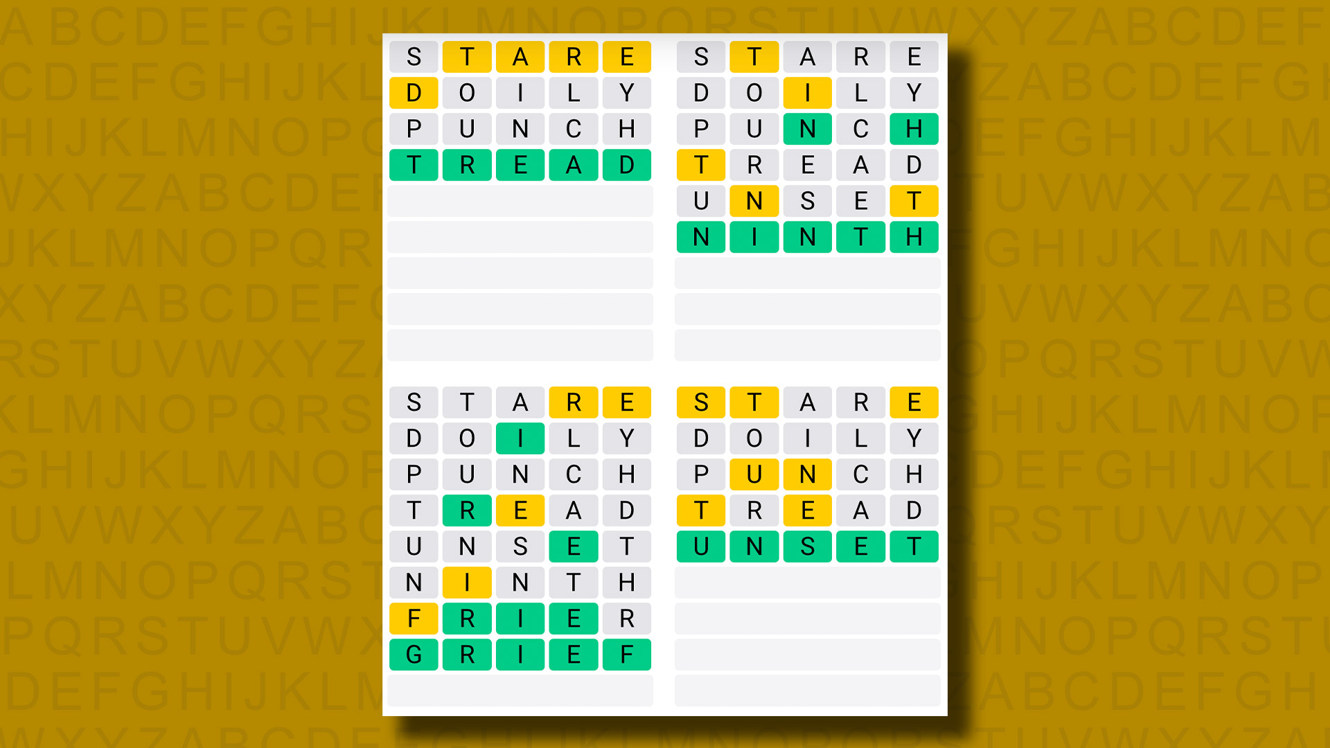 Réponses Quordle pour le jeu 1001 sur fond jaune