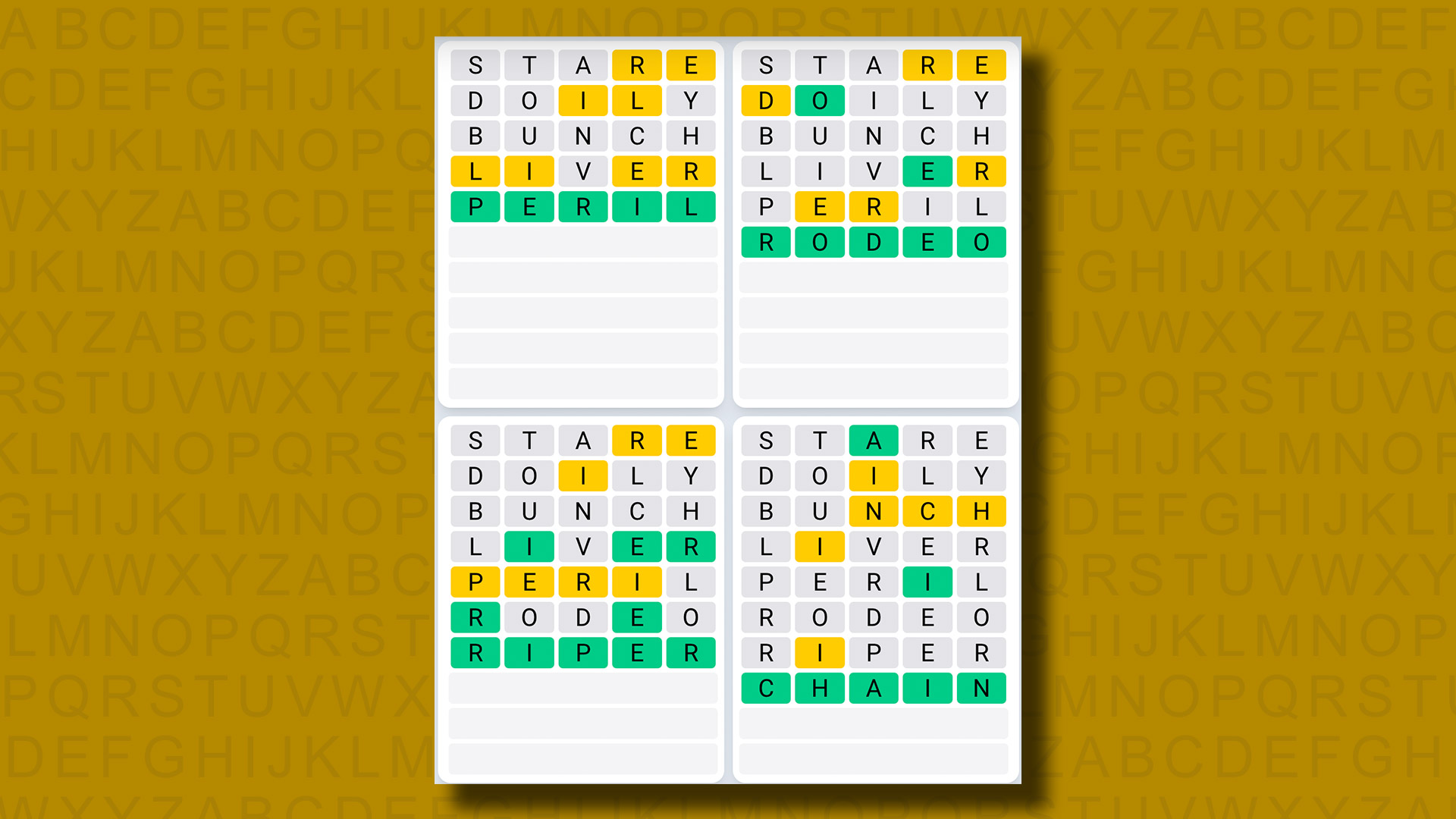 Réponses de Quordle Daily Sequence pour le jeu 1201 sur fond jaune