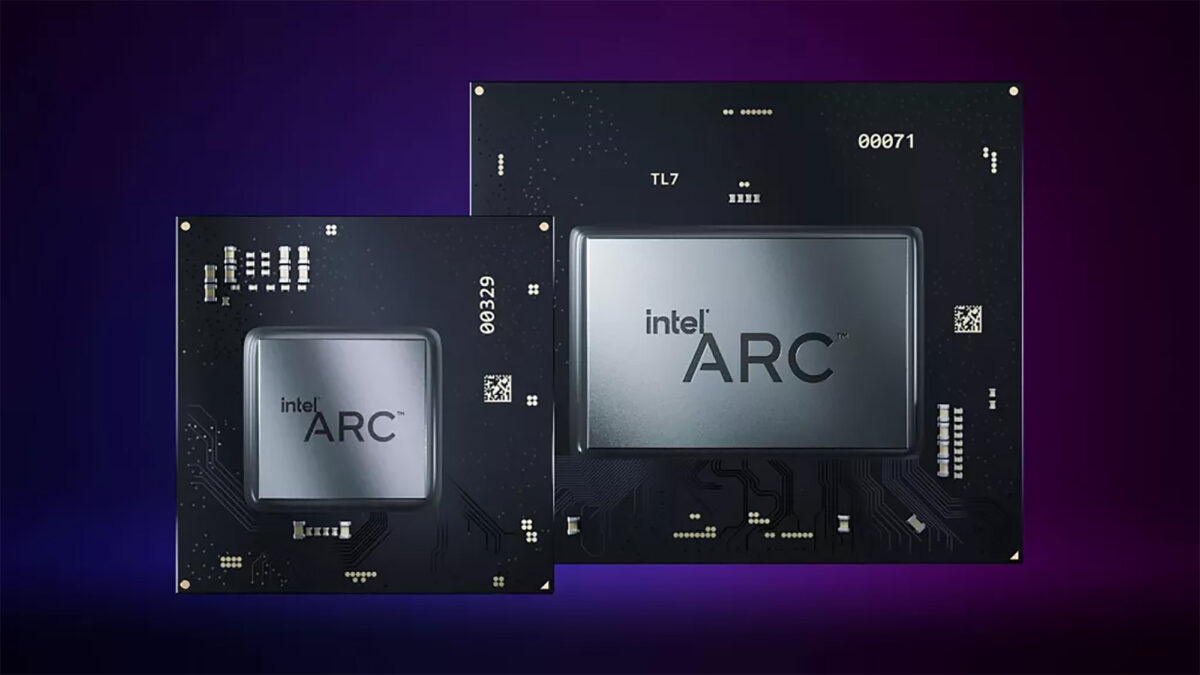 Une carte graphique Intel Arc A770 LE sur une table avec un sous-main rose