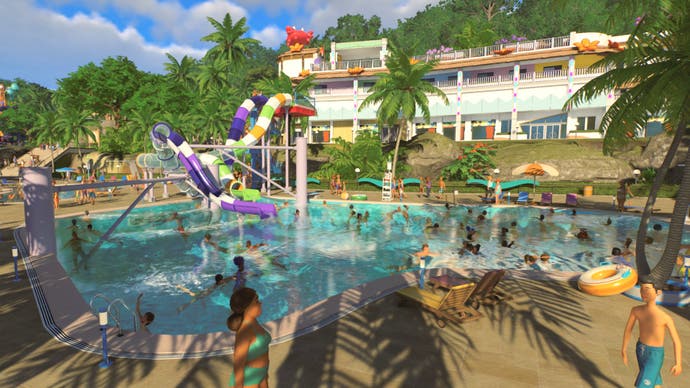 Capture d'écran de Planet Coaster 2 montrant un parc en mode Carrière vu du dessus, avec l'accent sur plusieurs piscines et toboggans aquatiques.