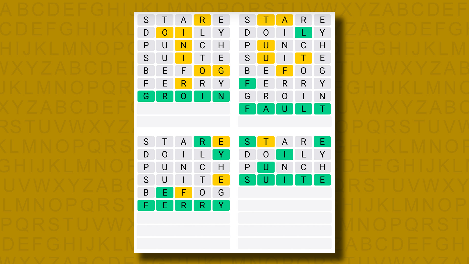 Réponses du Quordle pour le jeu 1201 sur fond jaune