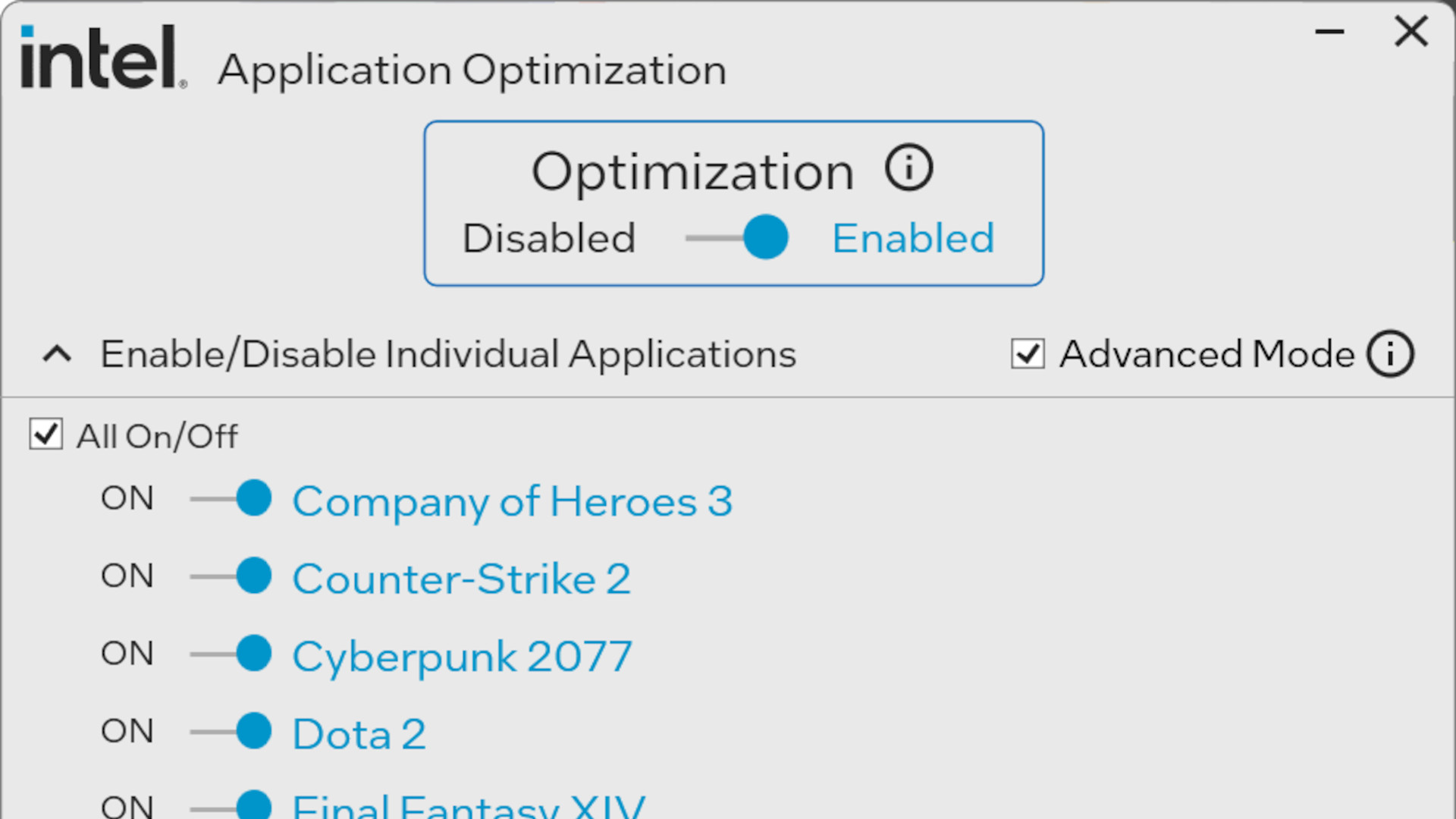 Une capture d'écran recadrée de l'outil Application Optimizer d'Intel pour les jeux